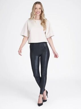 SPANX Women’s Black Faux Leather Hip Zip Leggings Size L